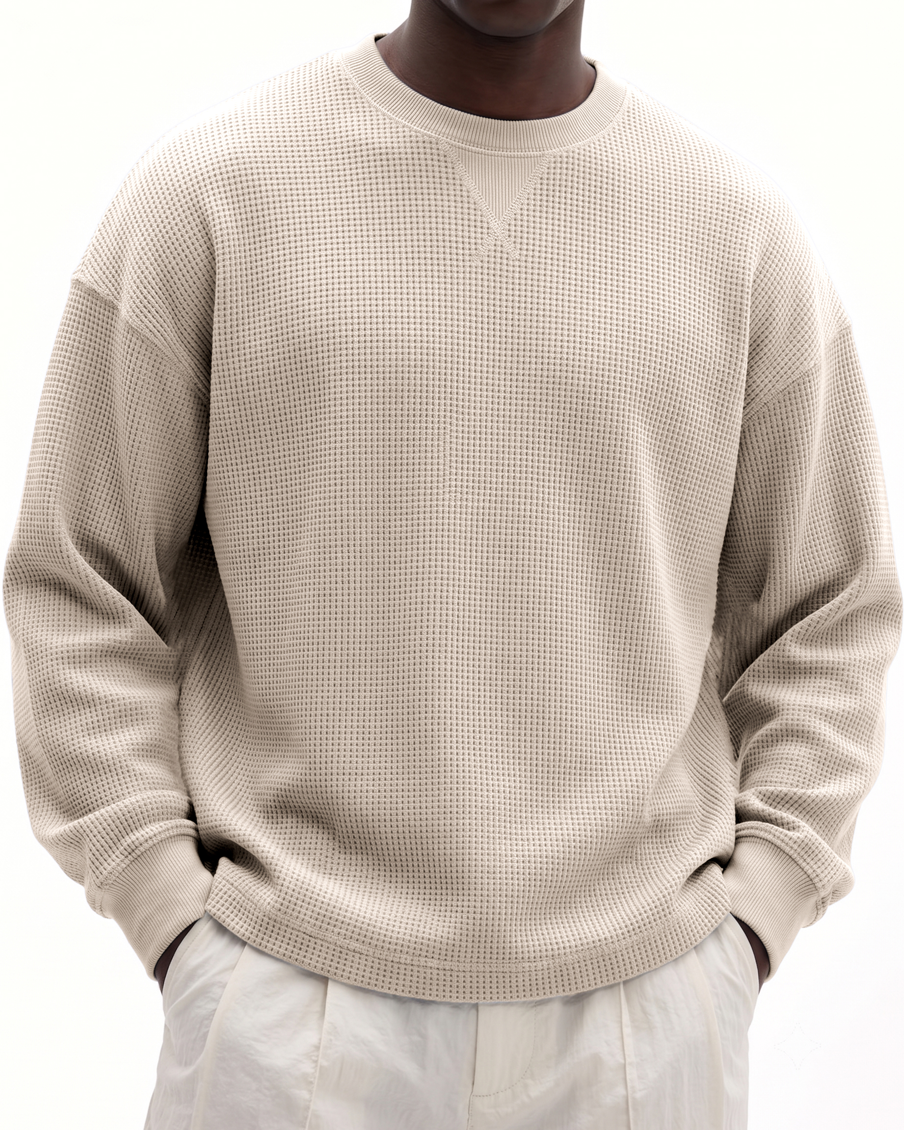 Men's Basic Waffle-Knit Crewneck Long-Sleeve Pullover with Inverted Triangle Embroidery