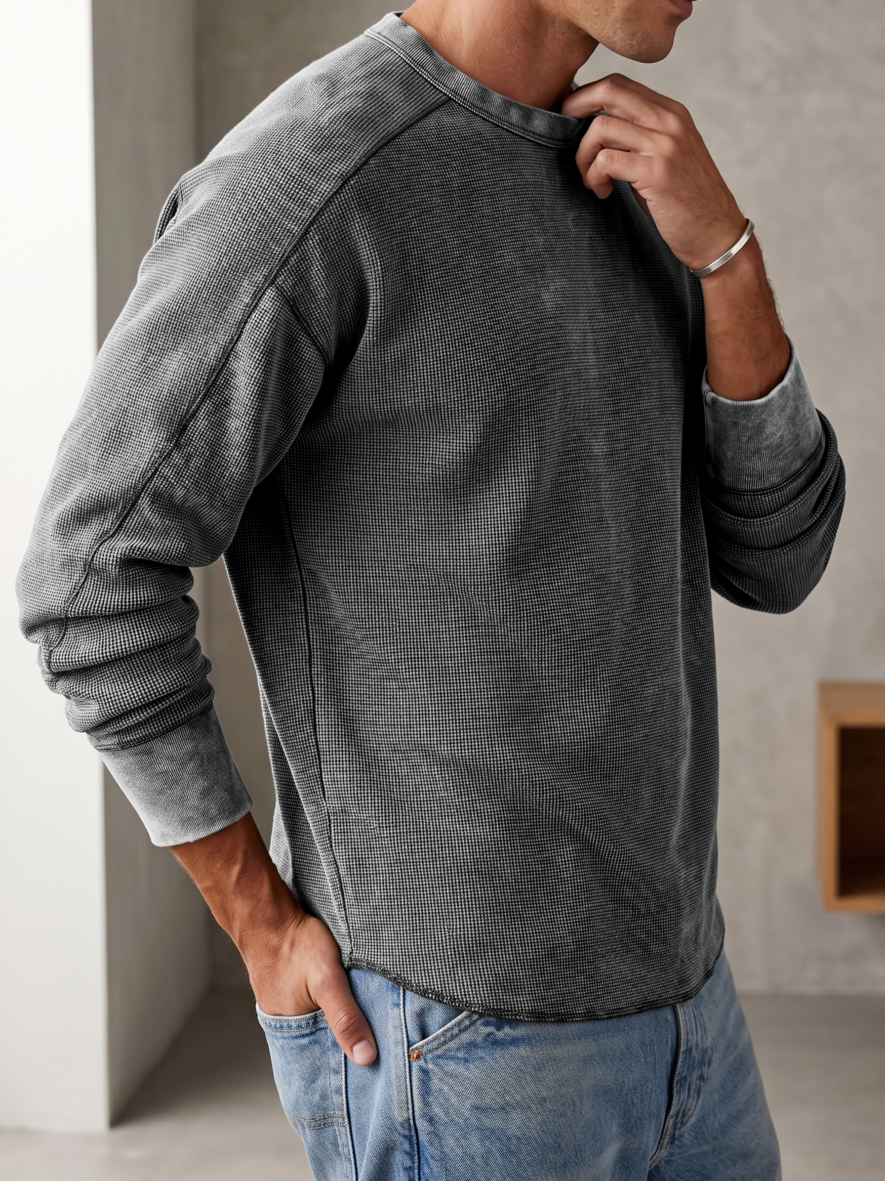 Vintage Dyed Waffle Textured Basic Long-sleeve Pullover T-shirt