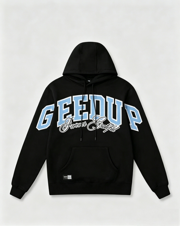 Team Logo Cursive Hoodie Black/Light Blue