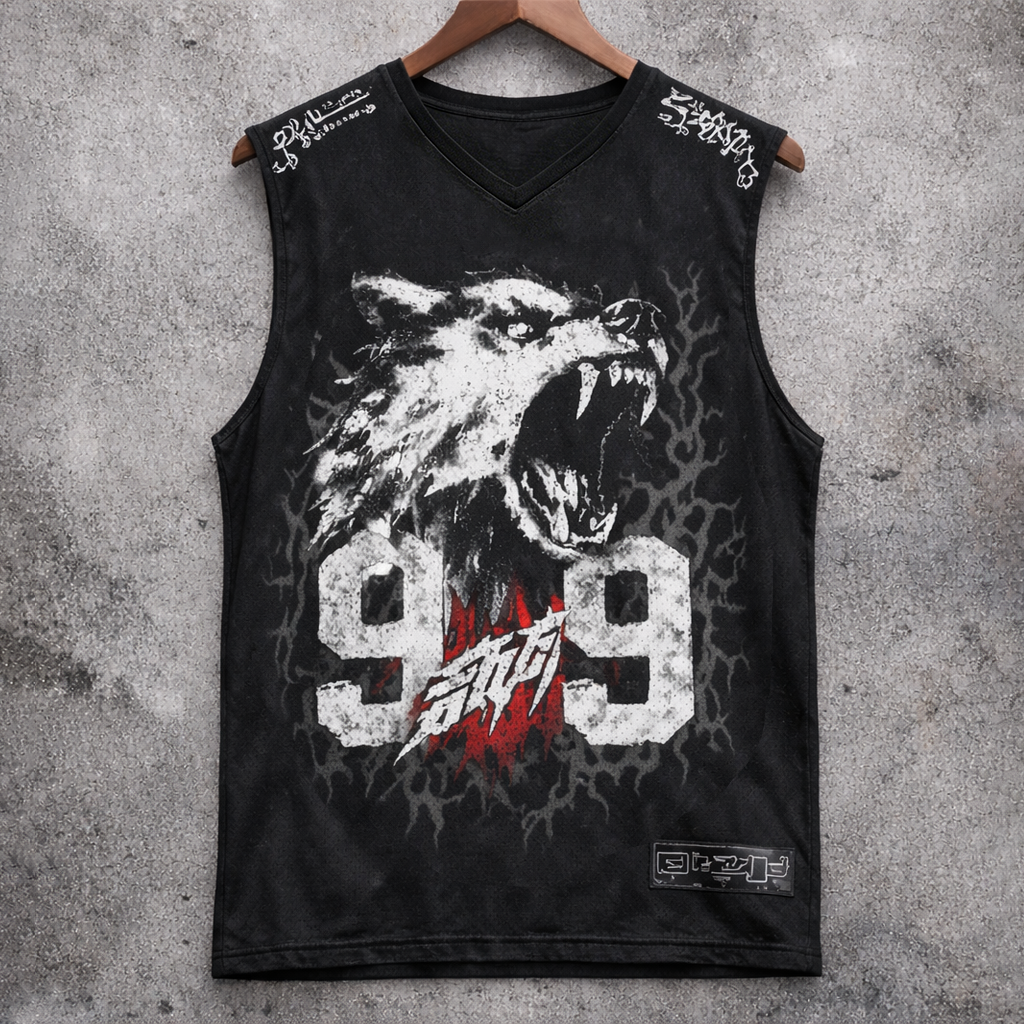 Edgy Wolf 99 Graphic Sleeveless V-Neck Tank Top Black Streetwear Vest - Tanks & Sleeveless from NINEDGE