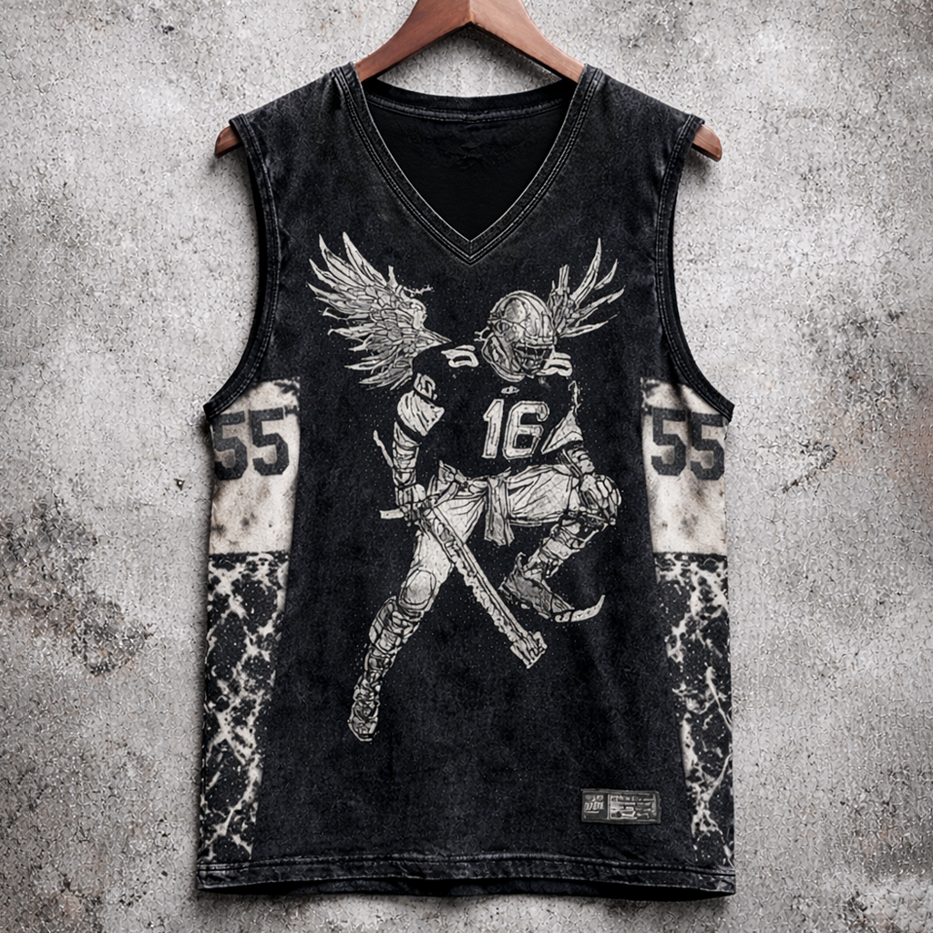 Washed Black Distressed V-Neck Tank Top Winged Football Player Graphic Sleeveless Grunge - Tanks & Sleeveless from NINEDGE