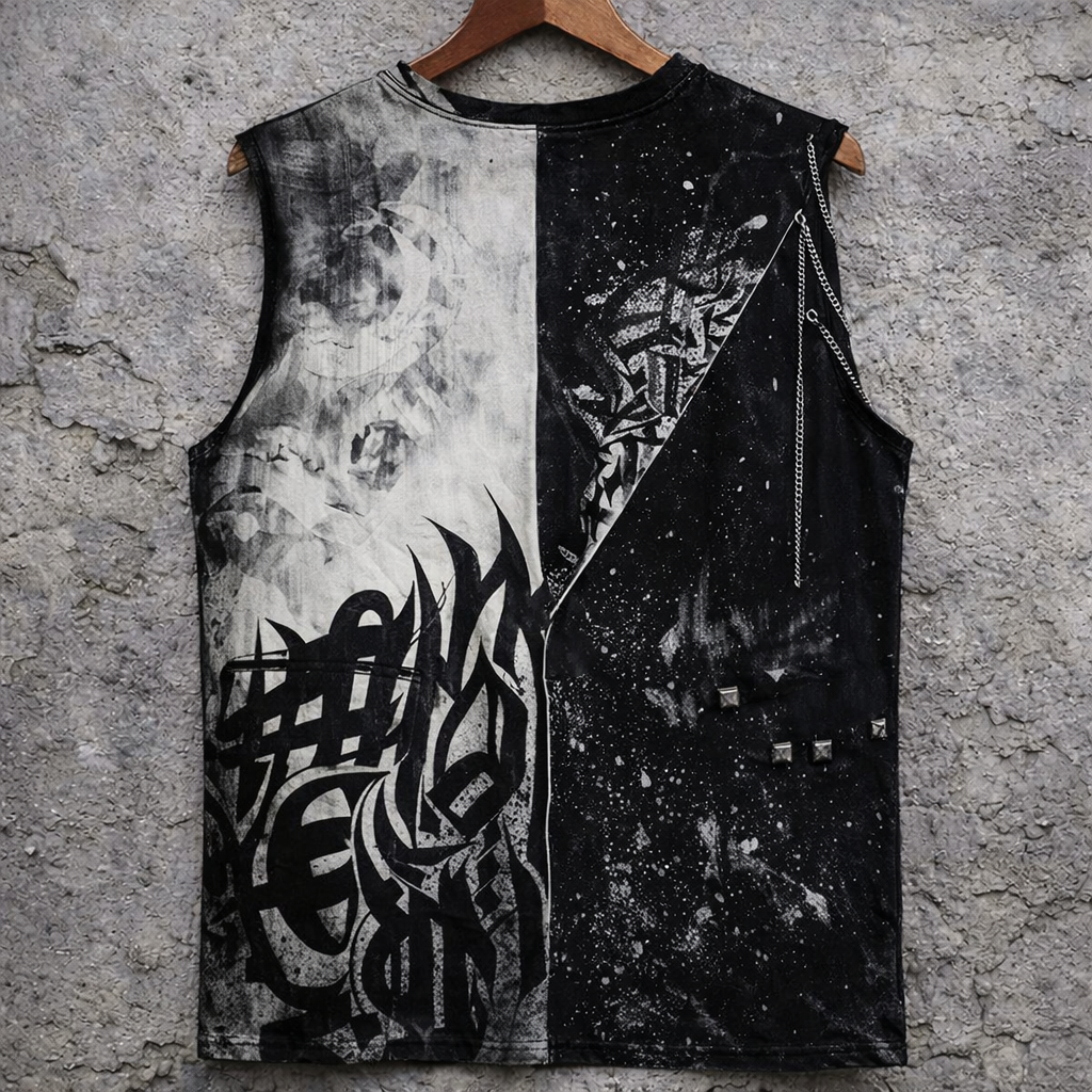 Split Graphic Sleeveless T-Shirt Monochrome Studded Grunge Tank Top - Tanks & Sleeveless from NINEDGE