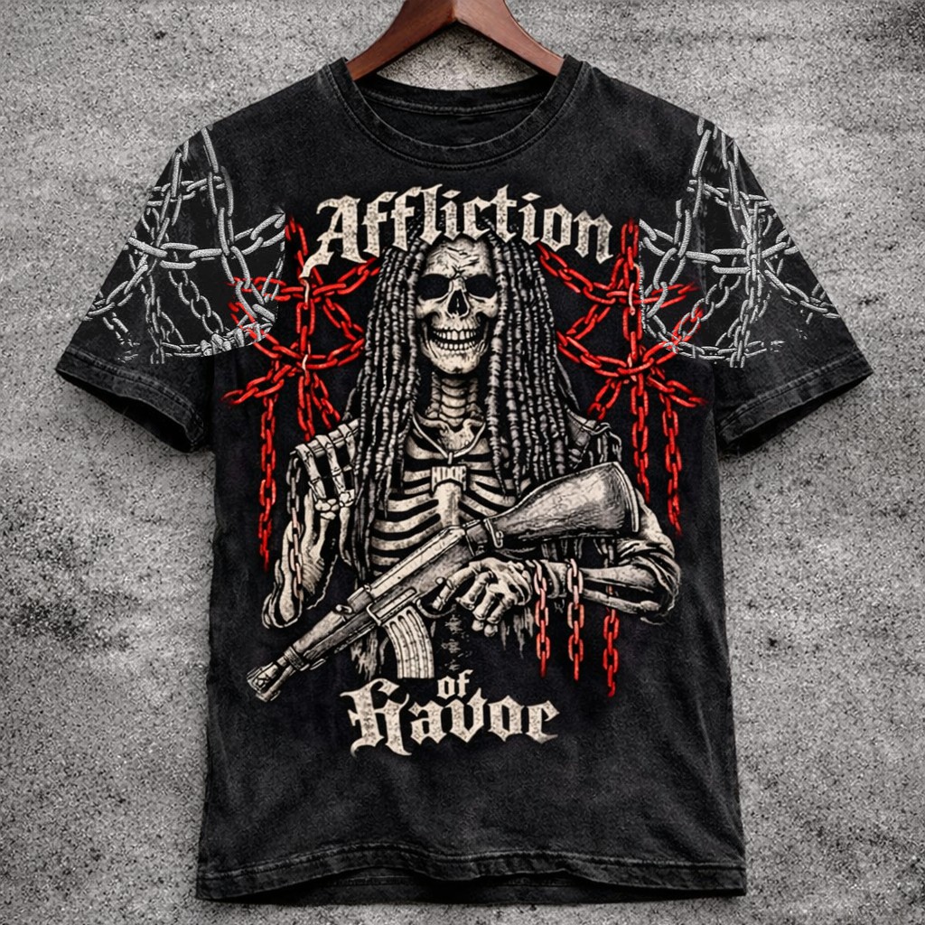 Skeleton Rifle Graphic T-Shirt Washed Distressed Chain Print Short Sleeve Tee - Graphic Tees from NINEDGE