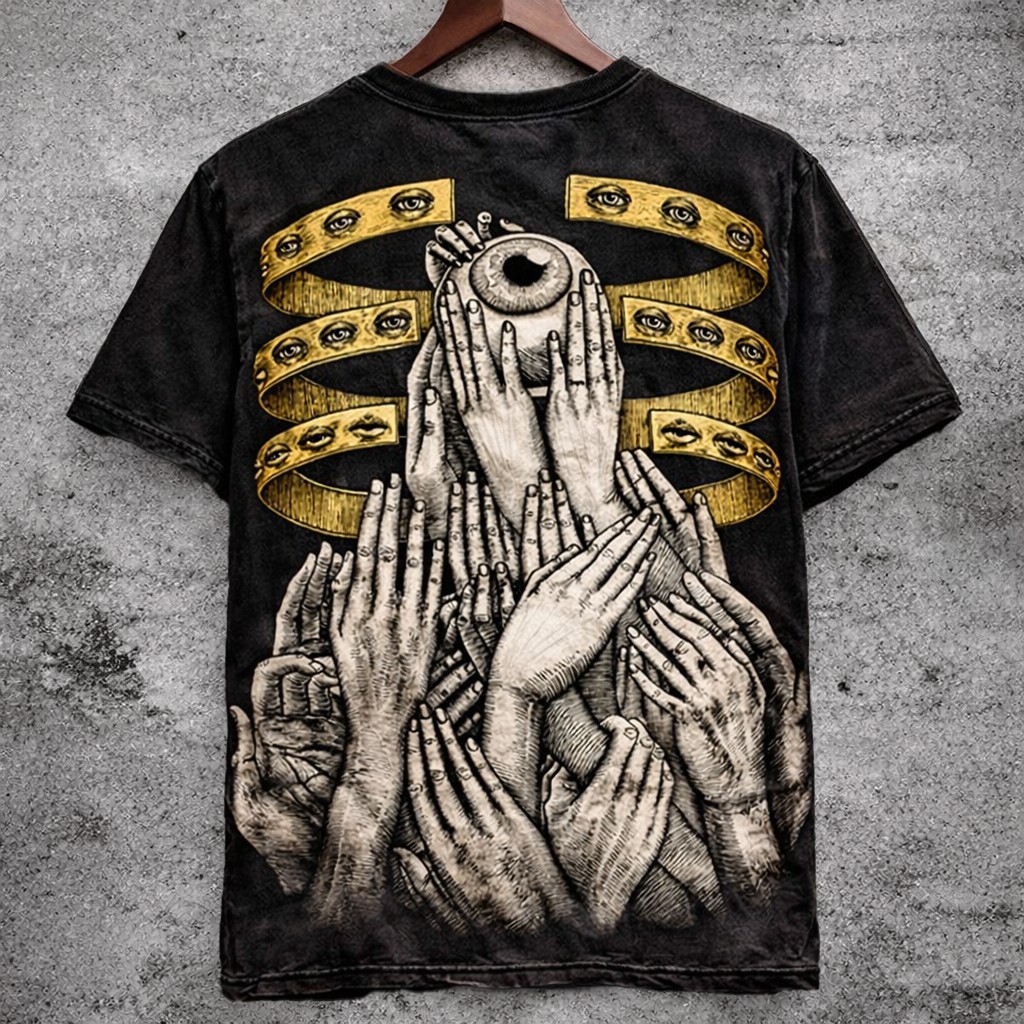 Washed Black Abstract Hands Eye Graphic Print T-Shirt Vintage Distressed Short Sleeve - Graphic Tees from NINEDGE