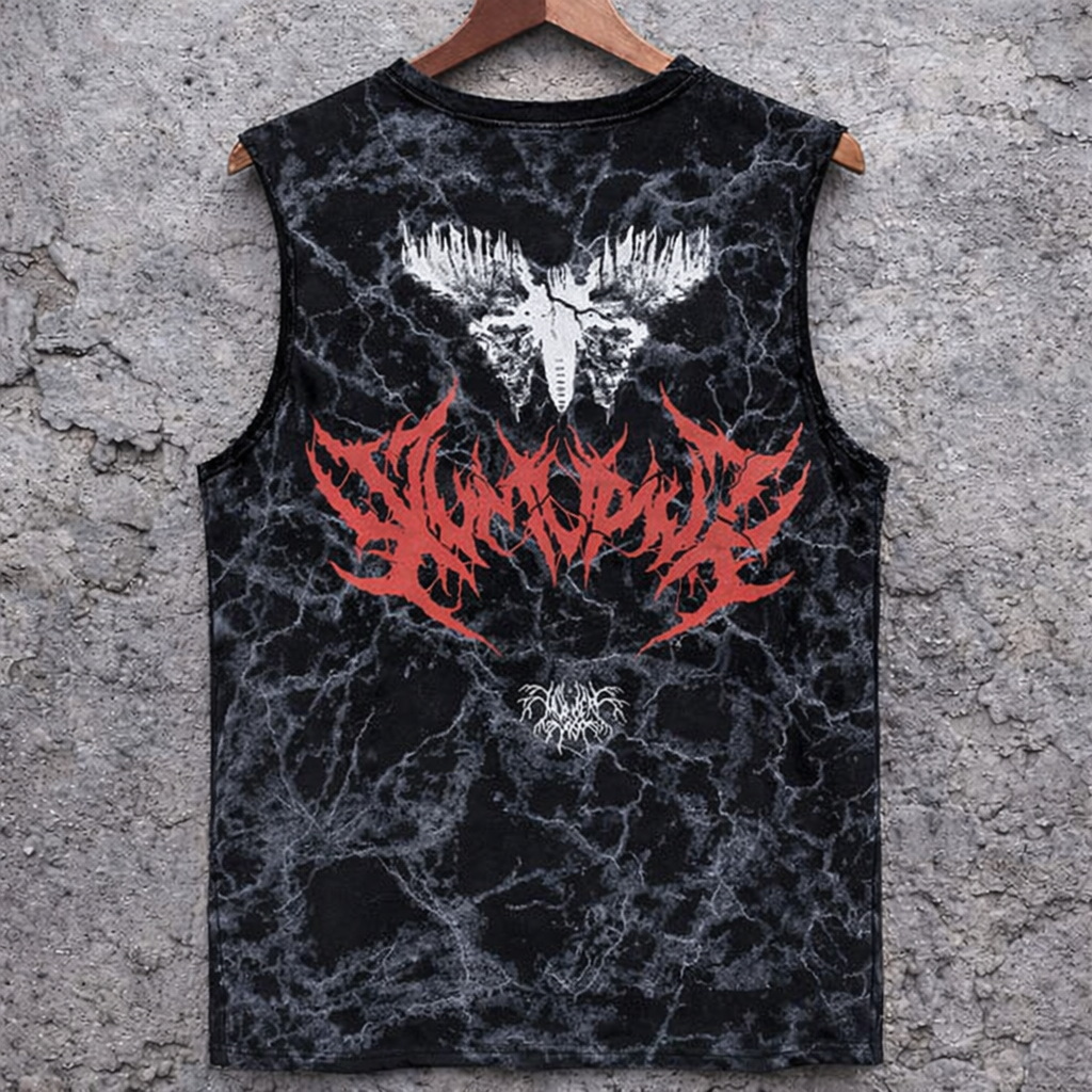 Sleeveless Tank Top Acid Wash Grunge Skull Moth Graphic Tee - Tanks & Sleeveless from NINEDGE