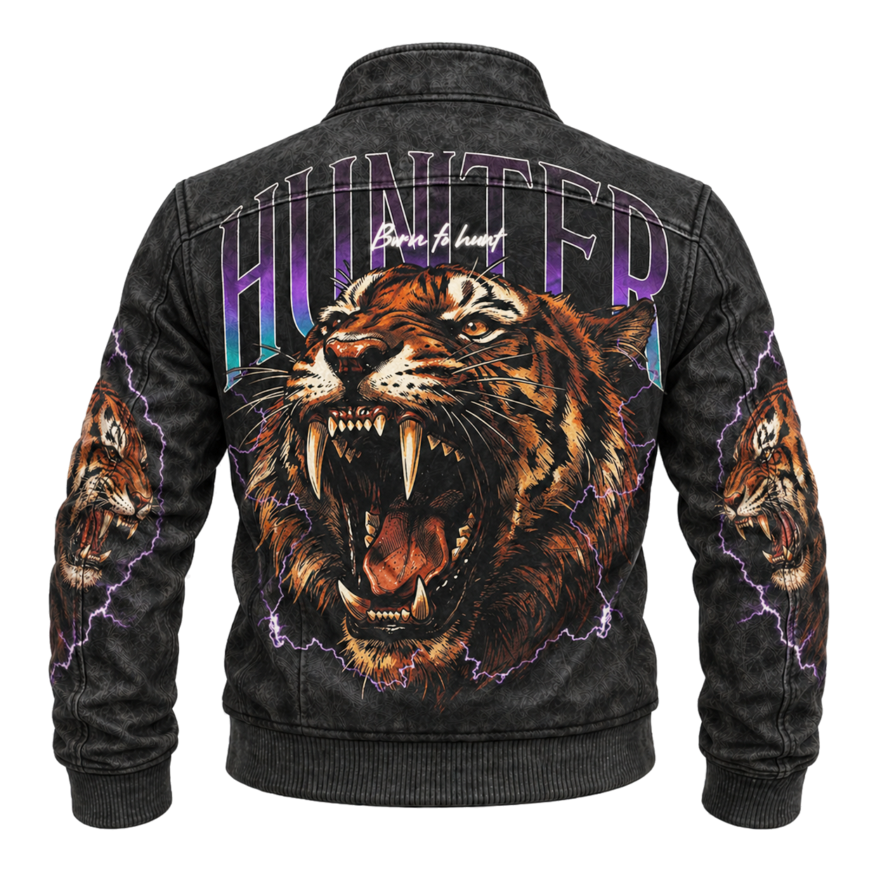 Graphic Denim Jacket Roaring Tiger Graphic Back & Sleeve Print, Dark Grey Distressed Streetwear Jacket - Graphic Jackets from NINEDGE