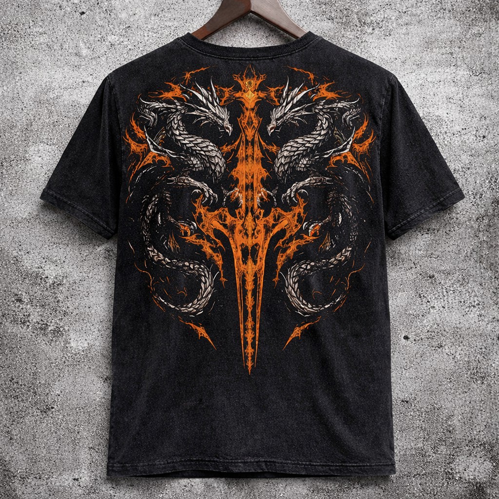Dragon & Tribal Sword Print T-Shirt Washed Black Distressed Vintage Short Sleeve Tee - Graphic Tees from NINEDGE