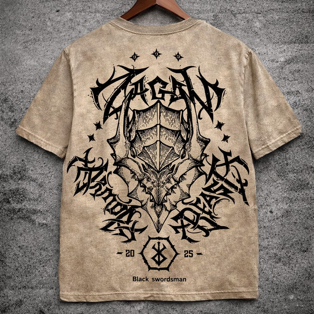 Distressed Graphic T-Shirt Beige Short Sleeve Gothic Print Tee - Graphic Tees from NINEDGE