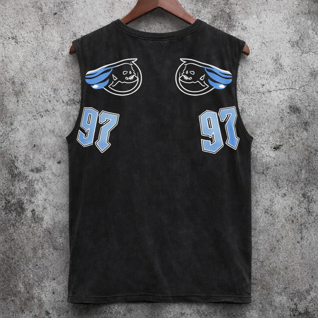 Streetwear Jersey Tank Top IZMU 97 Skull Graphic Black Light Blue V-Neck - Tanks & Sleeveless from NINEDGE