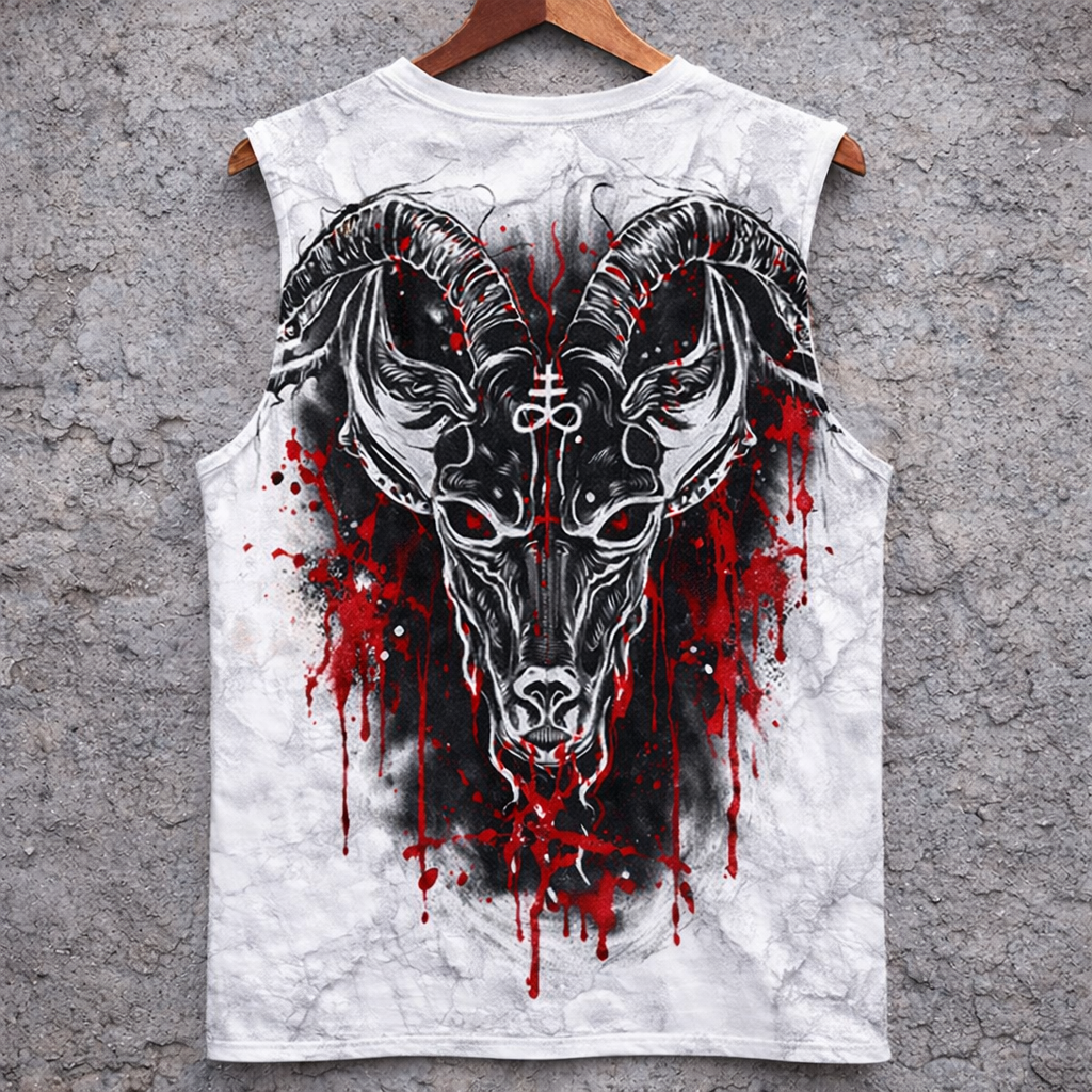 Gothic Baphomet Goat Demon Print Sleeveless T-Shirt Distressed Black Tank Top - Tanks & Sleeveless from NINEDGE