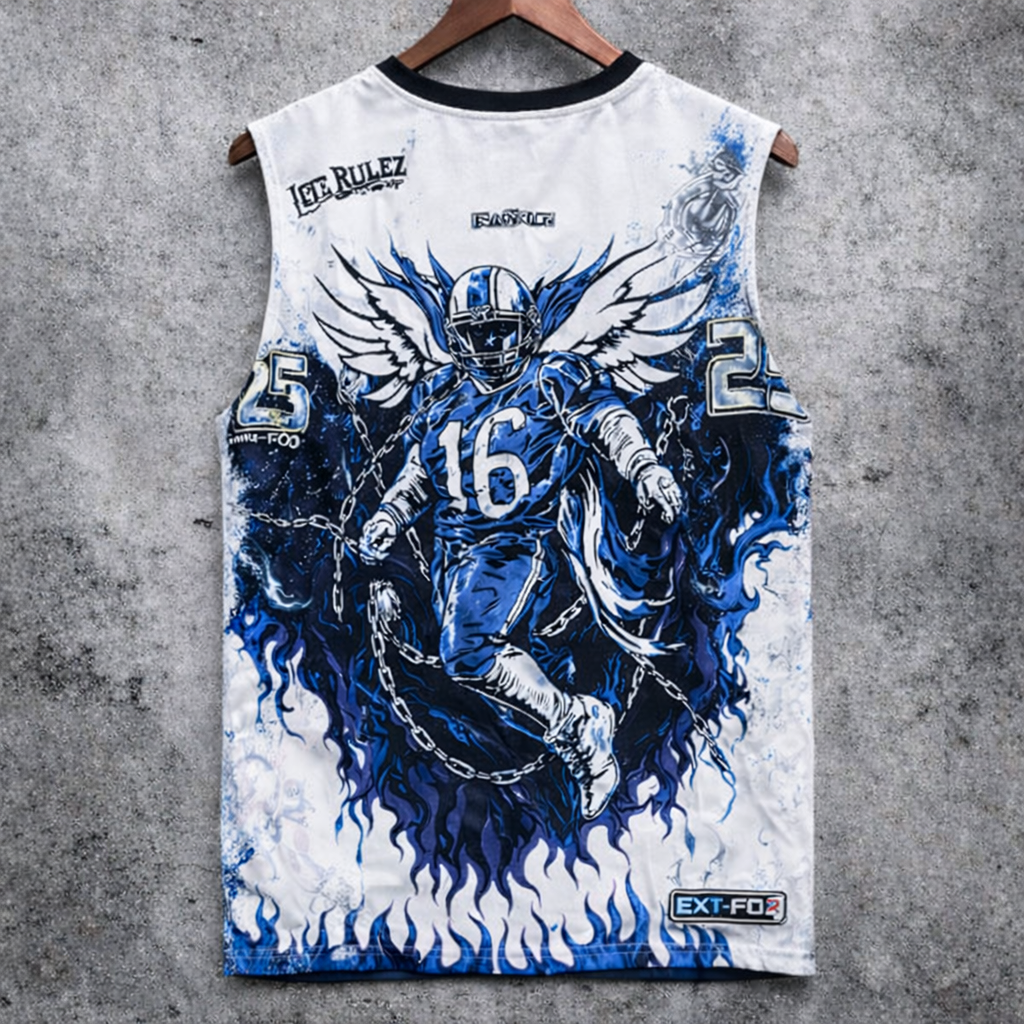 Graphic Print Tank Top Football Player Blue Flames V-Neck Sleeveless Streetwear - Tanks & Sleeveless from NINEDGE