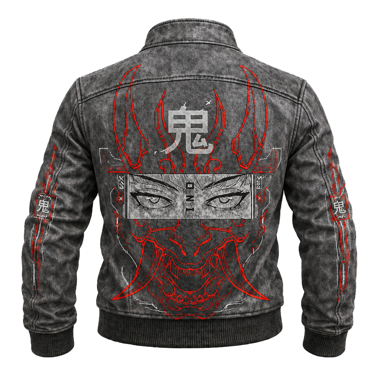 Graphic Denim Jacket Oni Mask & Anime Eyes Graphic Print Long Sleeve Urban Streetwear - Graphic Jackets from NINEDGE
