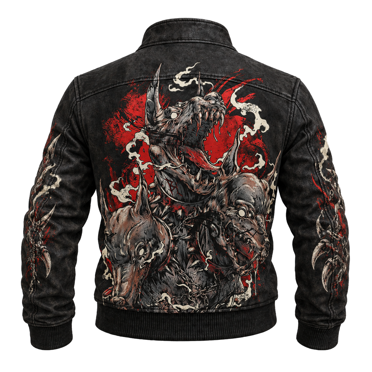 Graphic Denim Jacket Gothic Multi-Head Dog Print Black Distressed Bomber - Graphic Jackets from NINEDGE