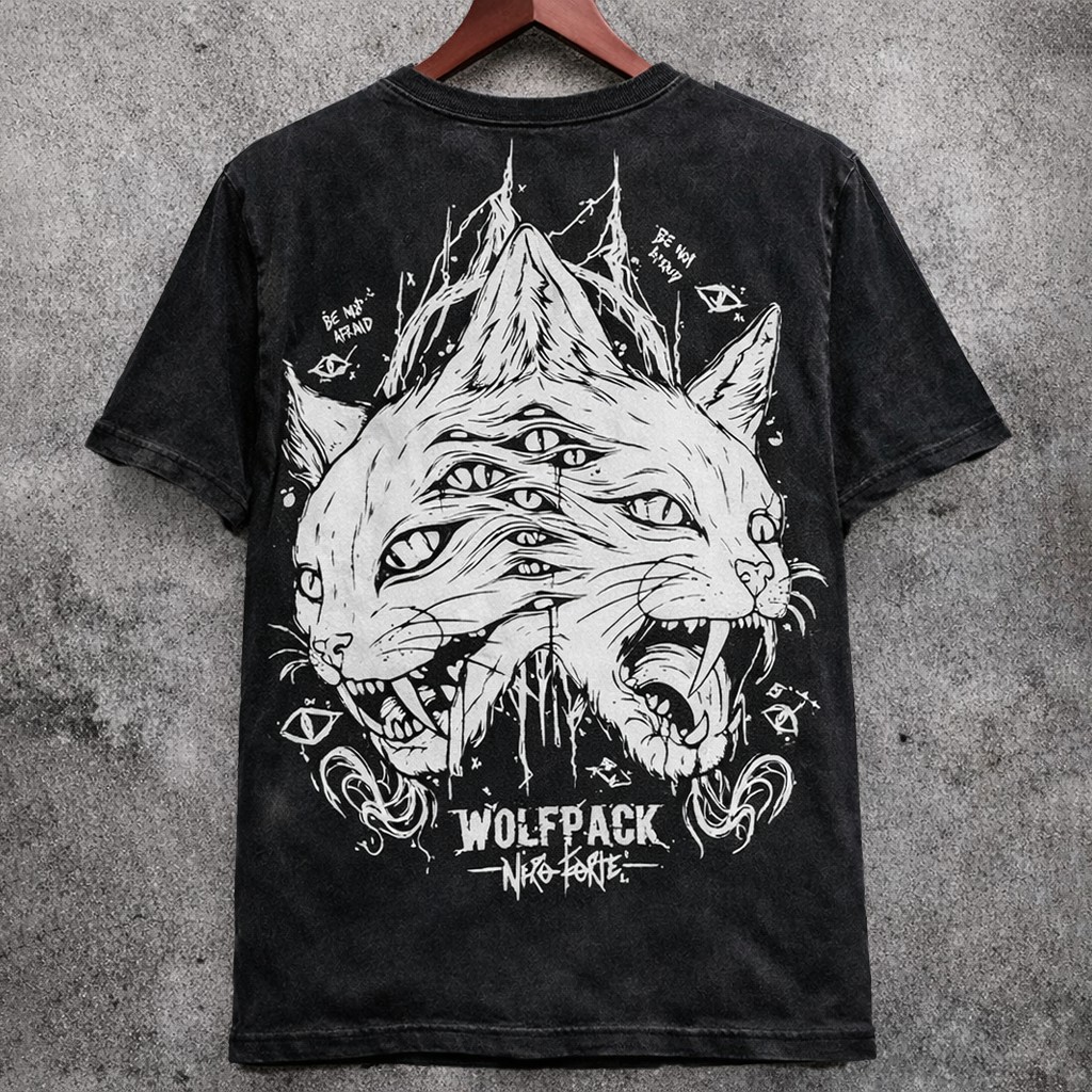 Multi-Eyed Cat Graphic Washed Black T-Shirt Vintage Distressed Short Sleeve Tee - Graphic Tees from NINEDGE