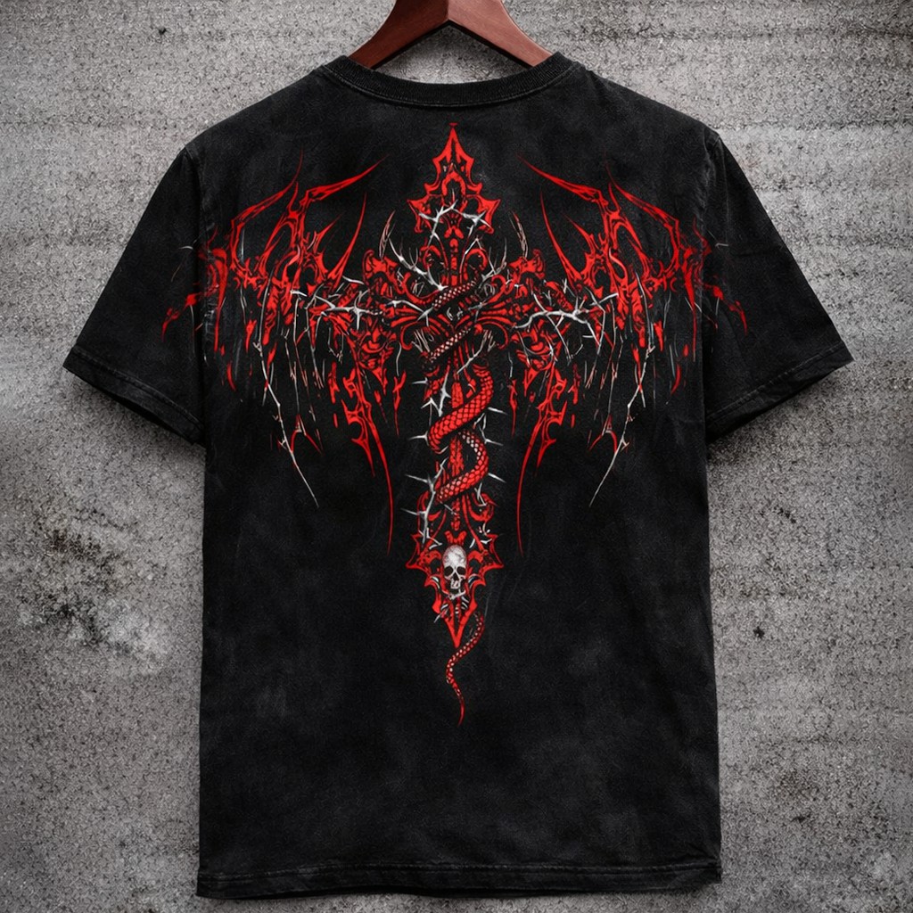 Gothic Cross Graphic T-Shirt Washed Black Red Skull & Snake Print Short Sleeve - Graphic Tees from NINEDGE