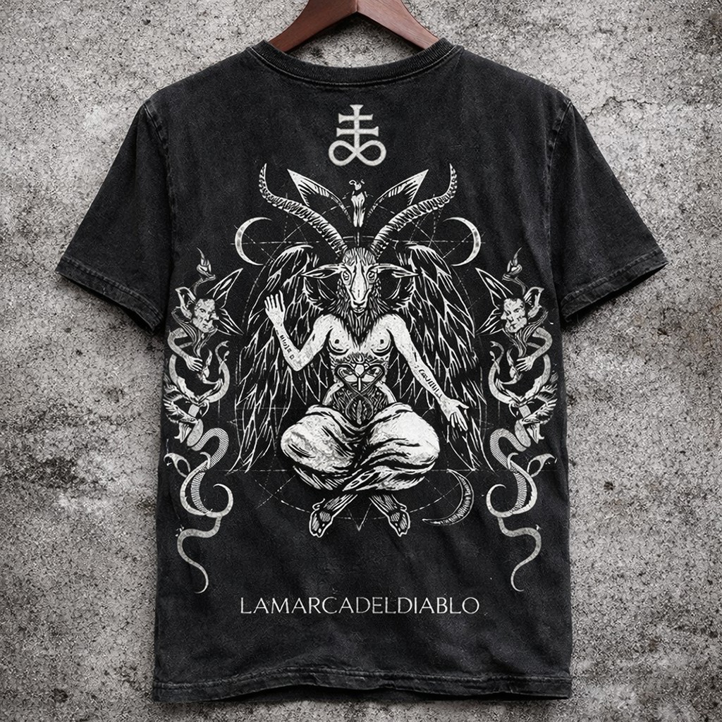 Baphomet Graphic T-Shirt Occult Washed Black Vintage Distressed Short Sleeve Tee - Graphic Tees from NINEDGE