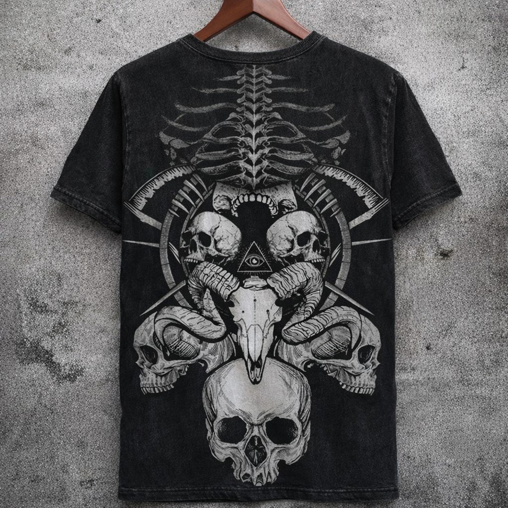 Skull Skeleton Graphic T-Shirt Washed Black Grunge Short Sleeve Tee - Graphic Tees from NINEDGE