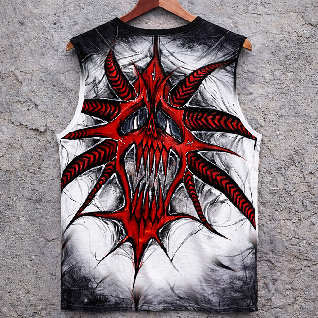 Sleeveless Tank Top Red Black Abstract Skull Graphic Edgy Casual - Tanks & Sleeveless from NINEDGE