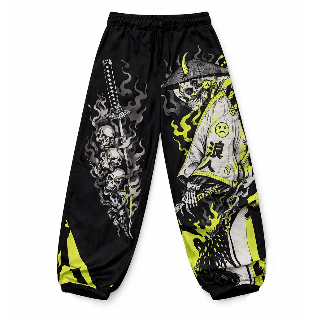 Skull Samurai Graphic Techwear Joggers Neon Green Black Drawstring Streetwear Trousers - Pants & Joggers from NINEDGE