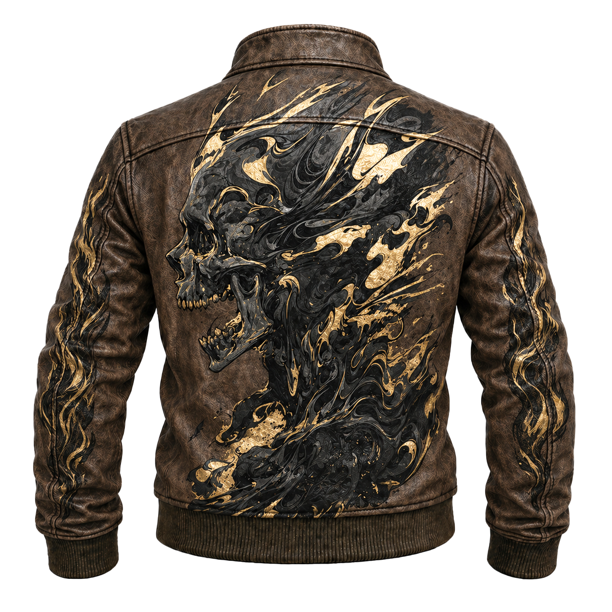 Washed Graphic Denim Jacket Skull Graphic Print Brown Gold Long Sleeve Jacket - Graphic Jackets from NINEDGE