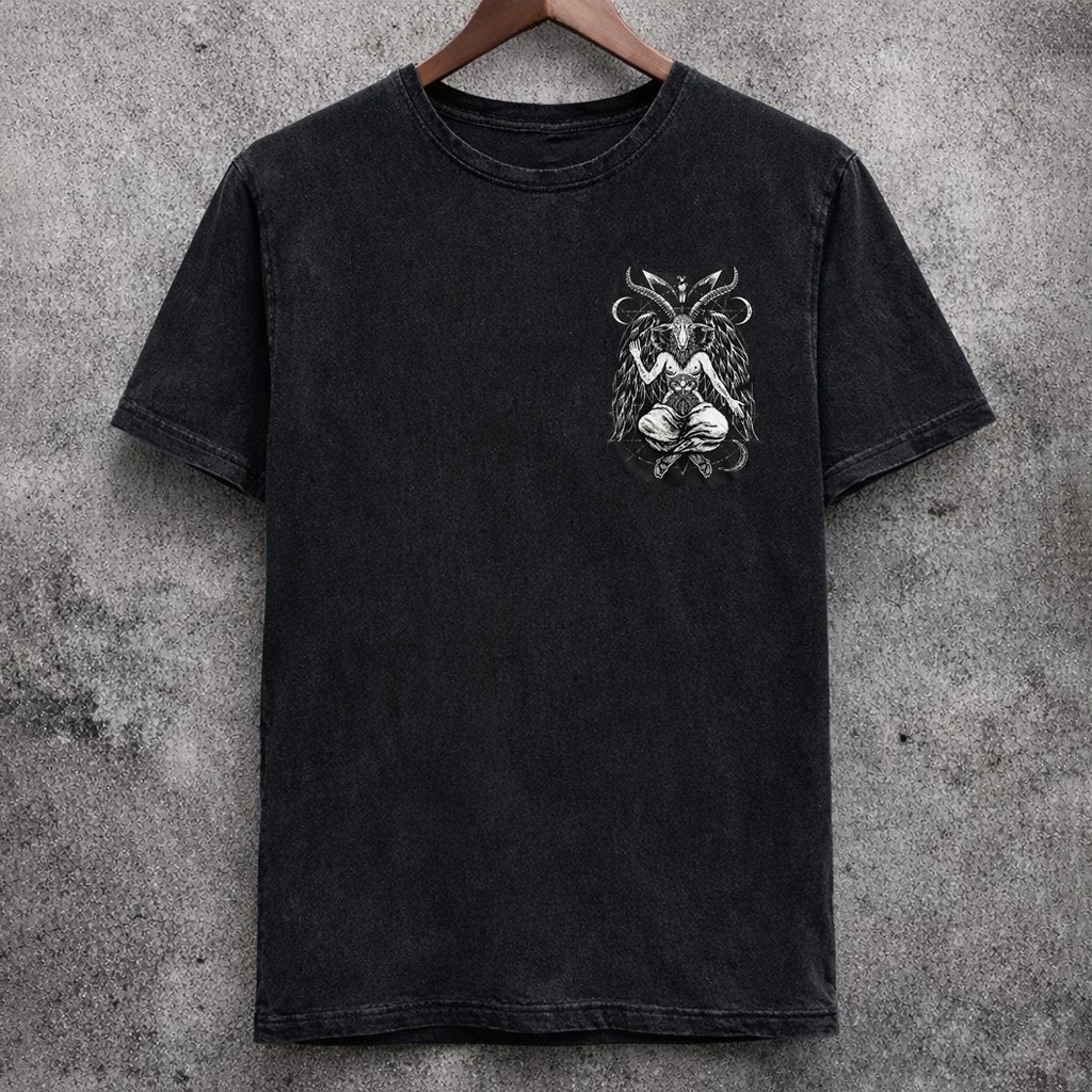 Baphomet Graphic T-Shirt Occult Washed Black Vintage Distressed Short Sleeve Tee - Graphic Tees from NINEDGE
