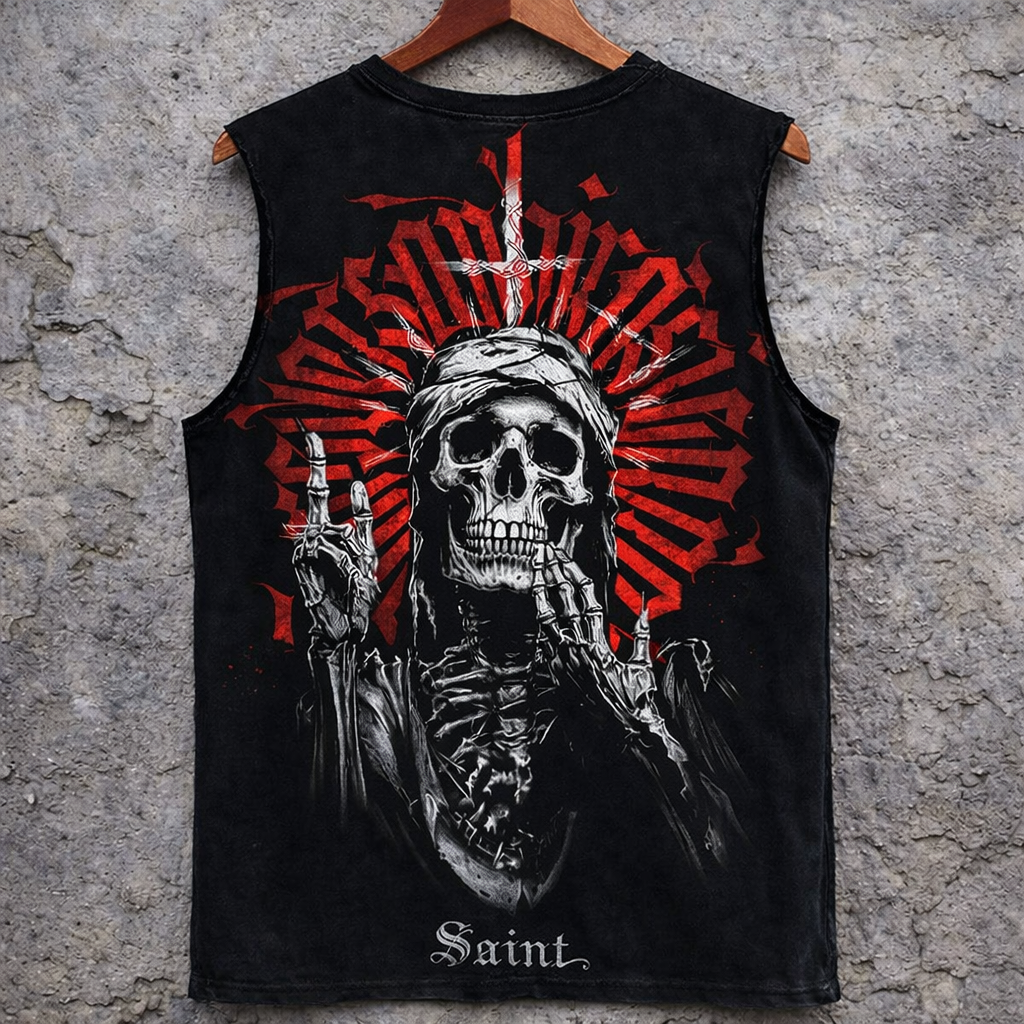 Gothic Skull Graphic Sleeveless Tank Top Inverted Cross Print Washed Black Vest - Tanks & Sleeveless from NINEDGE
