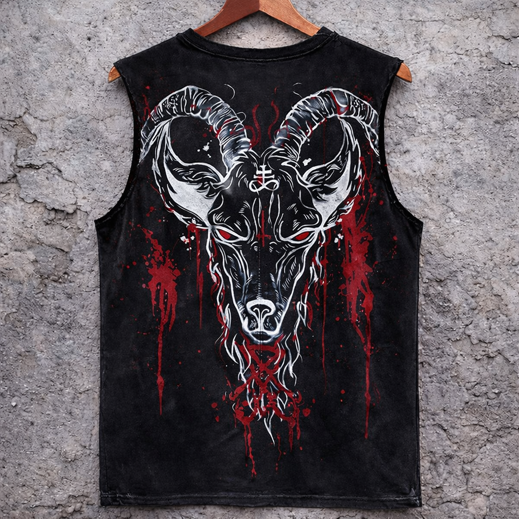 Gothic Baphomet Goat Demon Print Sleeveless T-Shirt Distressed Black Tank Top - Tanks & Sleeveless from NINEDGE