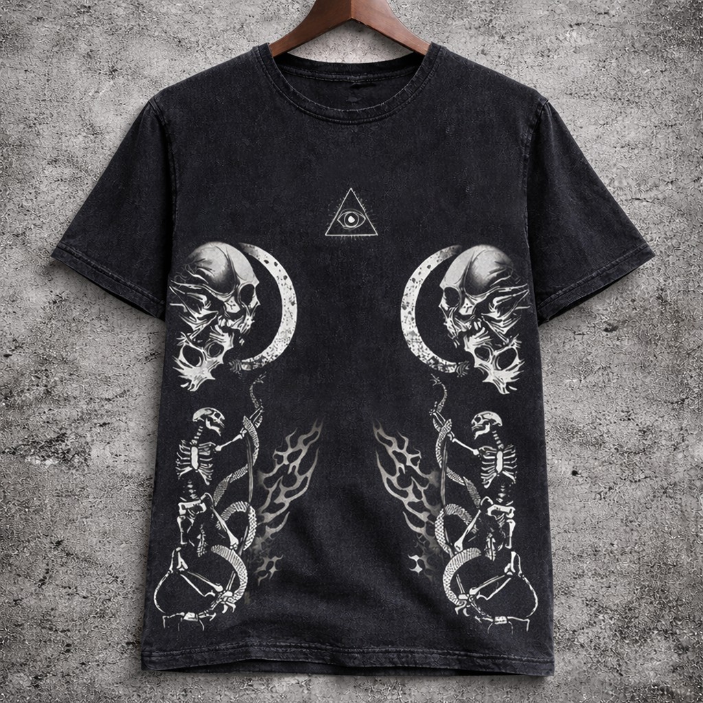 Skull Skeleton Graphic T-Shirt Washed Black Grunge Short Sleeve Tee - Graphic Tees from NINEDGE
