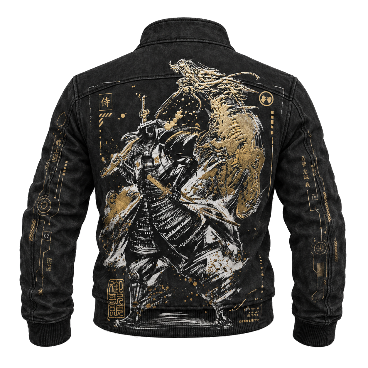 Graphic Denim Jacket | Samurai Dragon Graphic Black Washed Long Sleeve - Graphic Jackets from NINEDGE