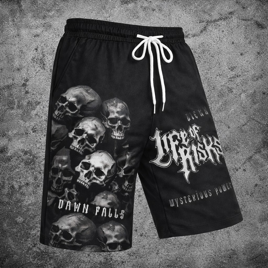 Black Skull Graphic Print Drawstring Shorts Edgy Casual Streetwear - Shorts from NINEDGE