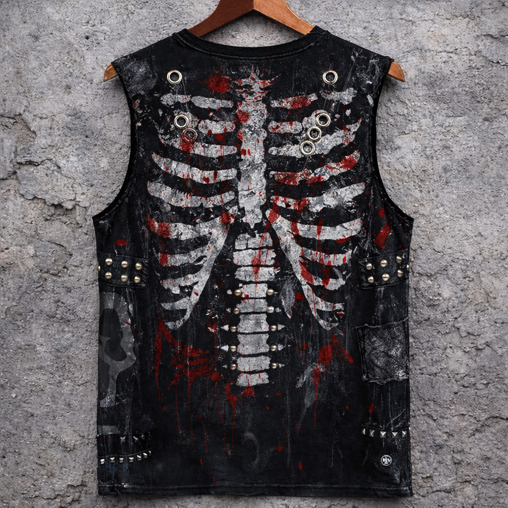 Gothic Skeleton Blood Print Sleeveless Vest Studded Distressed Punk Tank Top - Tanks & Sleeveless from NINEDGE