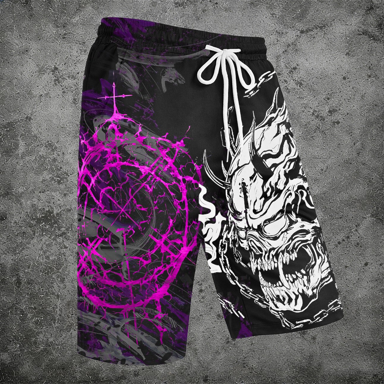 Graphic Skull Print Drawstring Shorts Edgy Abstract Purple Casual Wear - Shorts from NINEDGE