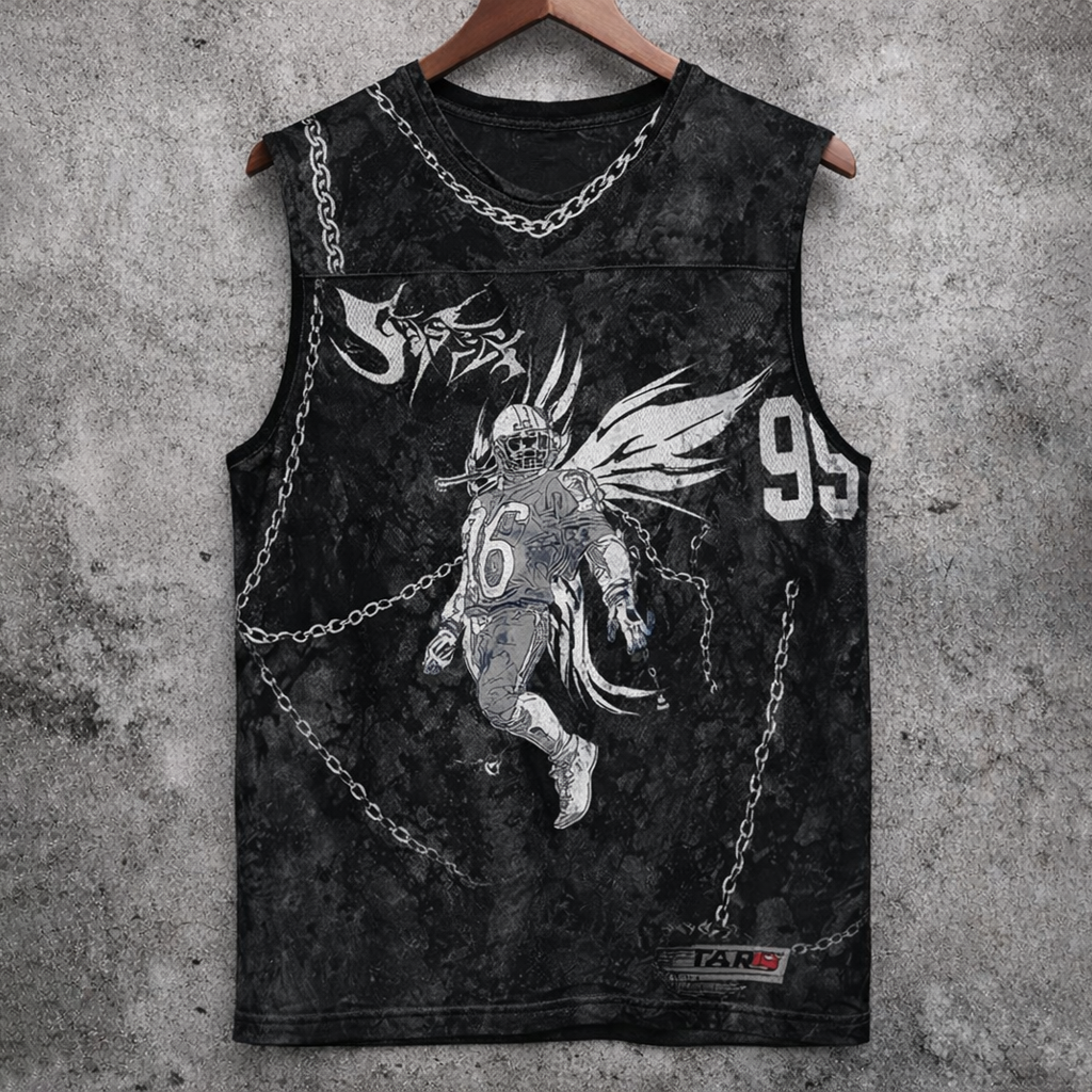 Distressed Graphic Sleeveless T-Shirt Grunge Football Player & Chain Print - Tanks & Sleeveless from NINEDGE