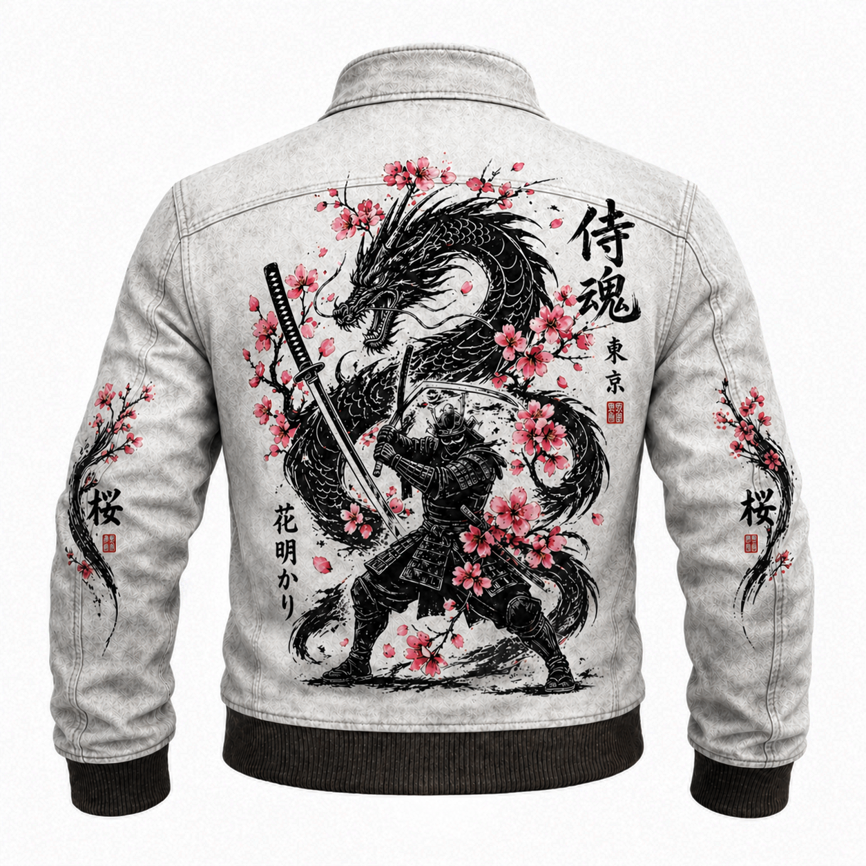 Graphic Denim Jacket Japanese Dragon Samurai Graphic Print Light Grey Bomber - Graphic Jackets from NINEDGE