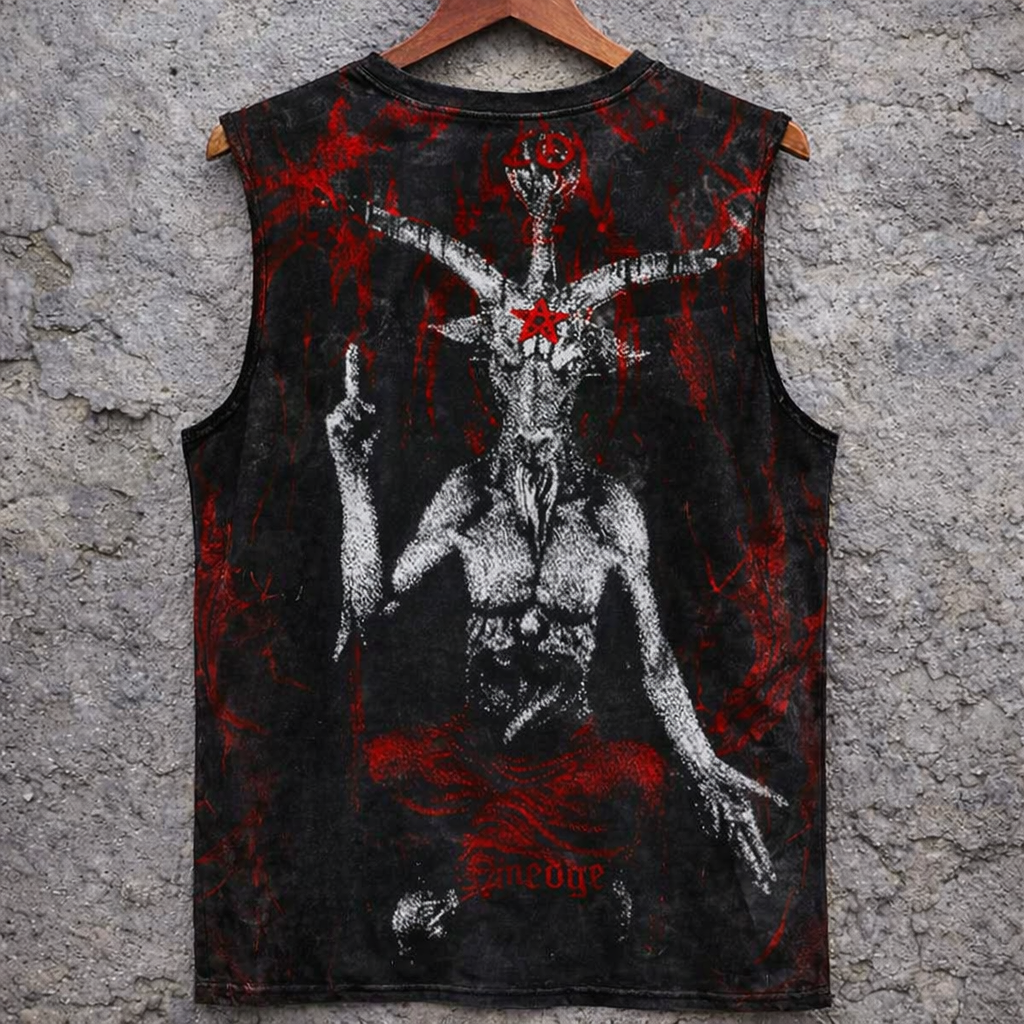 Baphomet Graphic Tank Top Distressed Black Red Sleeveless Grunge Vest - Tanks & Sleeveless from NINEDGE