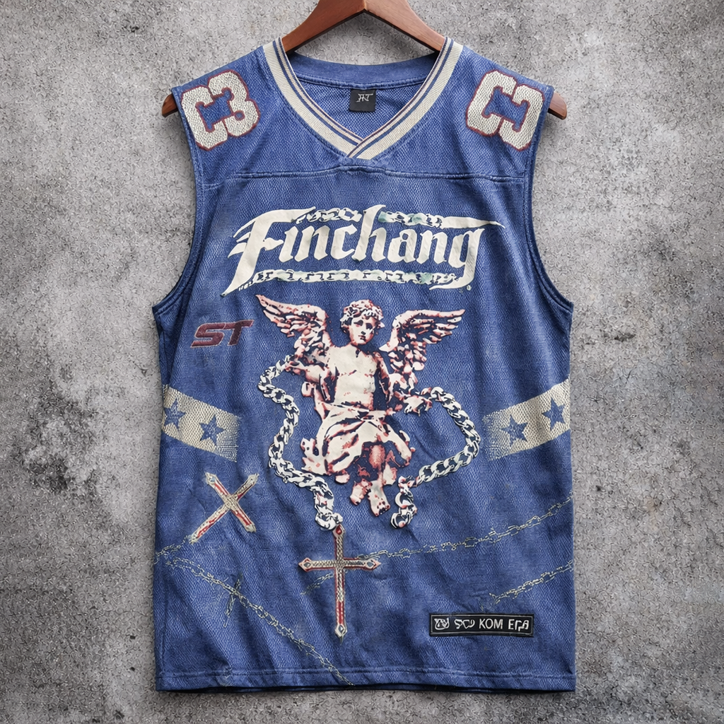 Vintage Graphic Sleeveless Jersey Distressed Angel Print Washed Blue Tank Top - Tanks & Sleeveless from NINEDGE