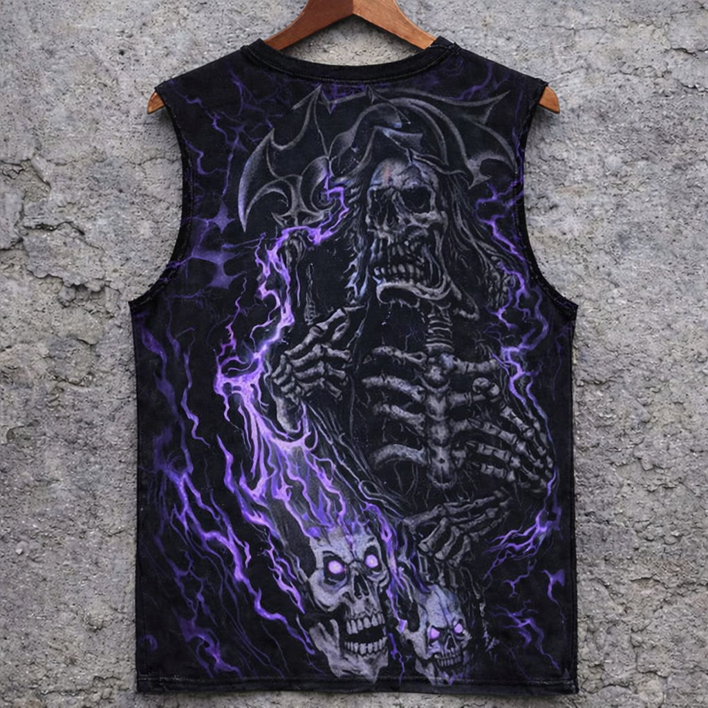 Grim Reaper Skull Sleeveless Shirt Black Purple Graphic Tank Top - Tanks & Sleeveless from NINEDGE