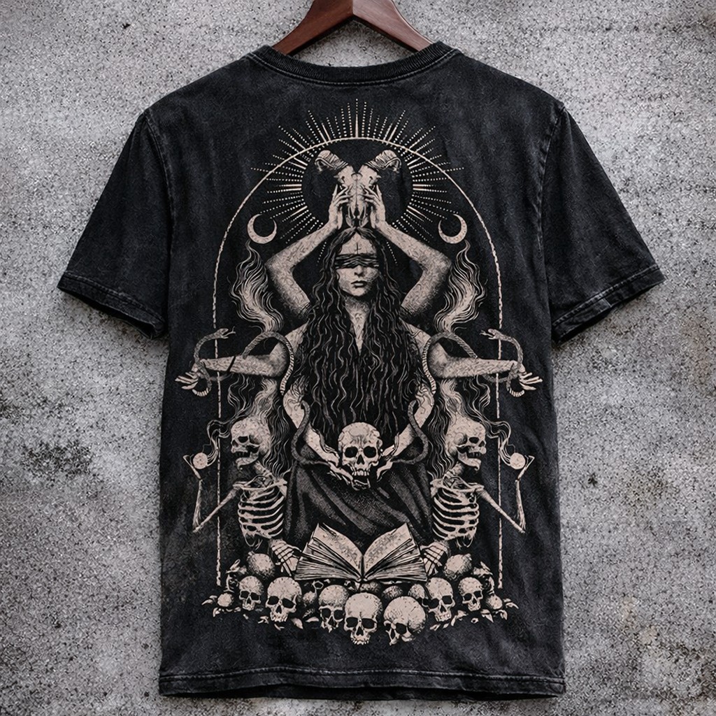 Occult Graphic T-Shirt Washed Black Distressed Short Sleeve Back Print Tee - Graphic Tees from NINEDGE