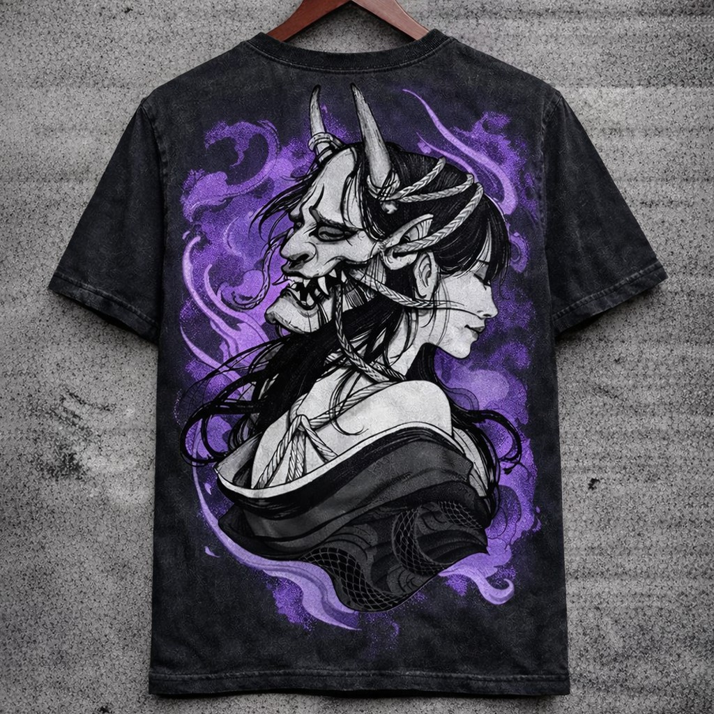Hannya Mask & Woman Graphic T-Shirt Washed Black Purple Short Sleeve Crewneck - Graphic Tees from NINEDGE