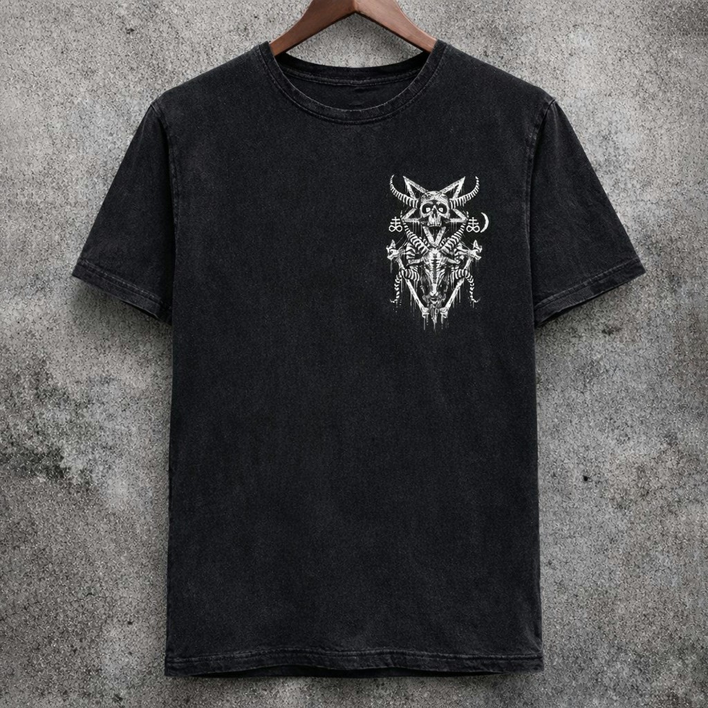Baphomet Skull Graphic Washed Black T-Shirt Gothic Occult Vintage Distressed Short Sleeve - Graphic Tees from NINEDGE