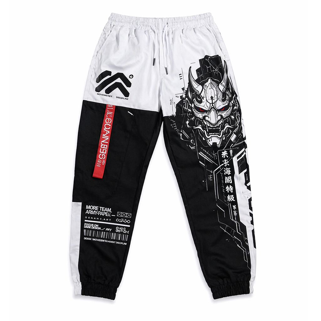 Asymmetric Black White Oni Mask Graphic Jogger Pants Streetwear Techwear Elastic Cuffs - Pants & Joggers from NINEDGE