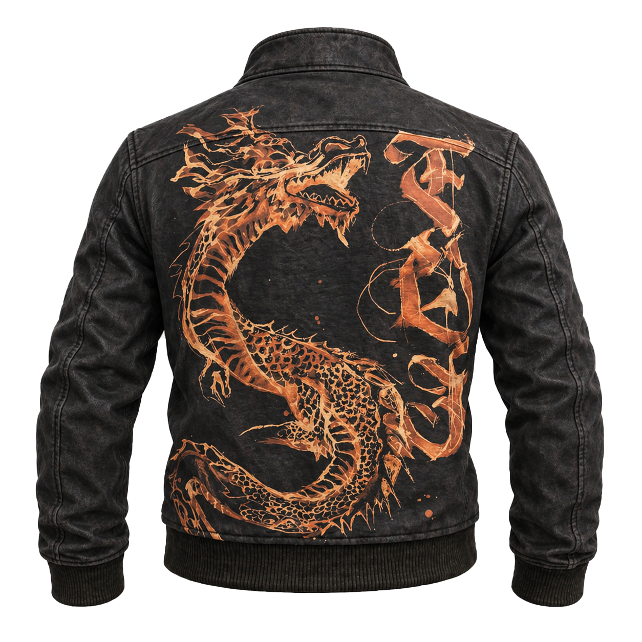 Graphic Denim Jacket Washed Black Dragon Print Long Sleeve Vintage Casual Jacket - Graphic Jackets from NINEDGE