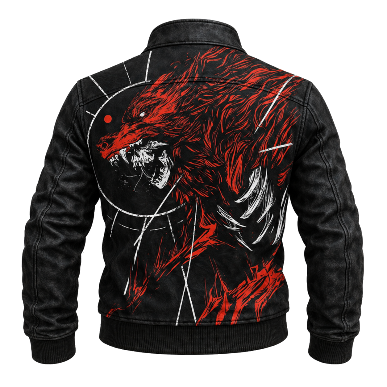 Red Wolf Back Graphic Graphic Denim Jacket Distressed Black Long Sleeve Streetwear Jacket - Graphic Jackets from NINEDGE
