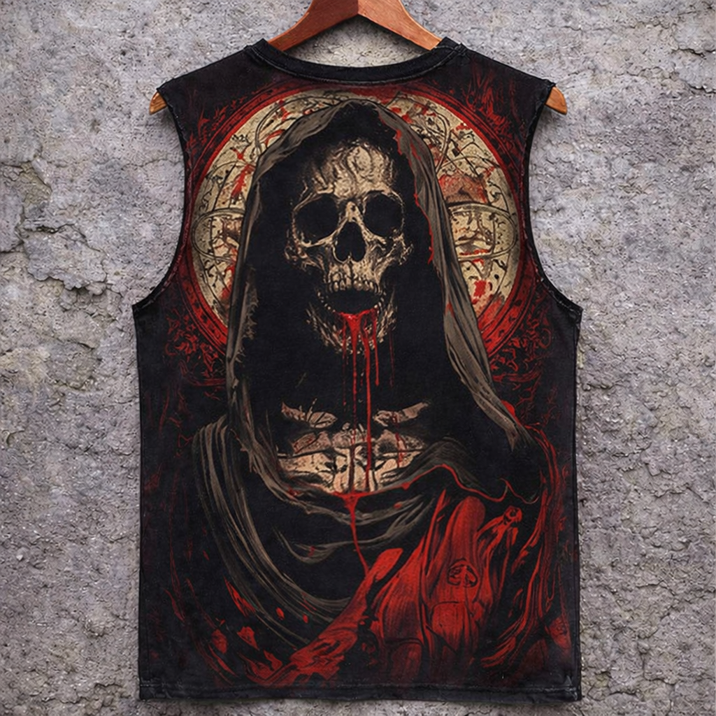 Gothic Skull Print Tank Top Grim Reaper Sleeveless T-Shirt Edgy Dark Art - Tanks & Sleeveless from NINEDGE