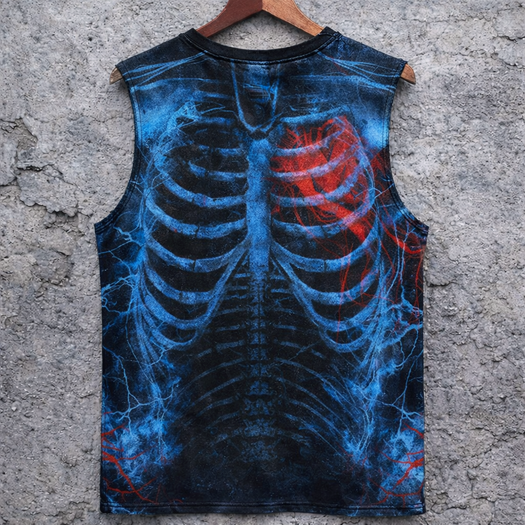Anatomical Rib Cage Heart Print Tank Top Electric Blue Red Edgy Sleeveless - Tanks & Sleeveless from NINEDGE