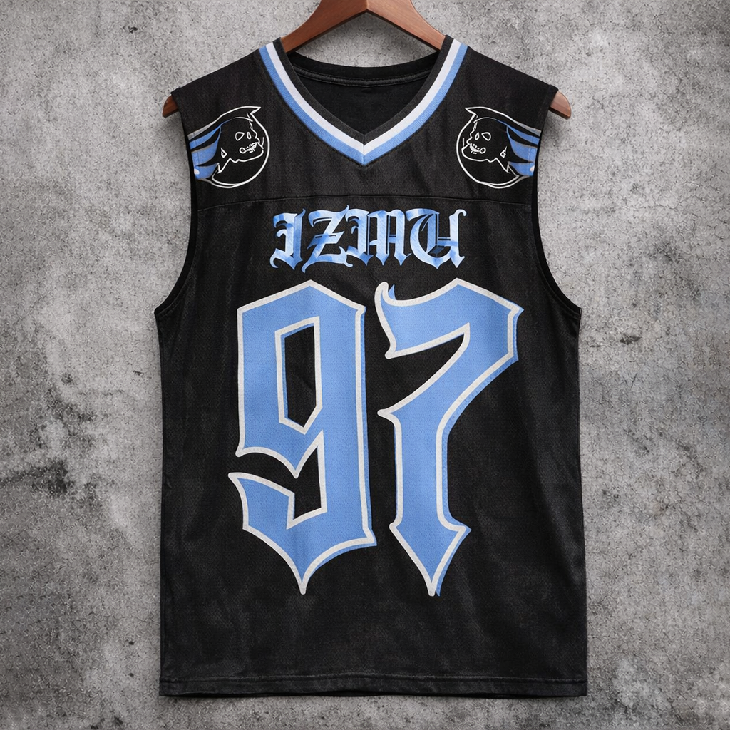 Streetwear Jersey Tank Top IZMU 97 Skull Graphic Black Light Blue V-Neck - Tanks & Sleeveless from NINEDGE