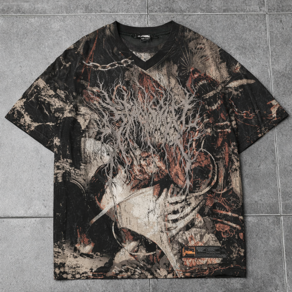 Distressed Dark Graphic Print V-Neck T-Shirt Short Sleeve Grunge Style Top - Graphic Tees from NINEDGE