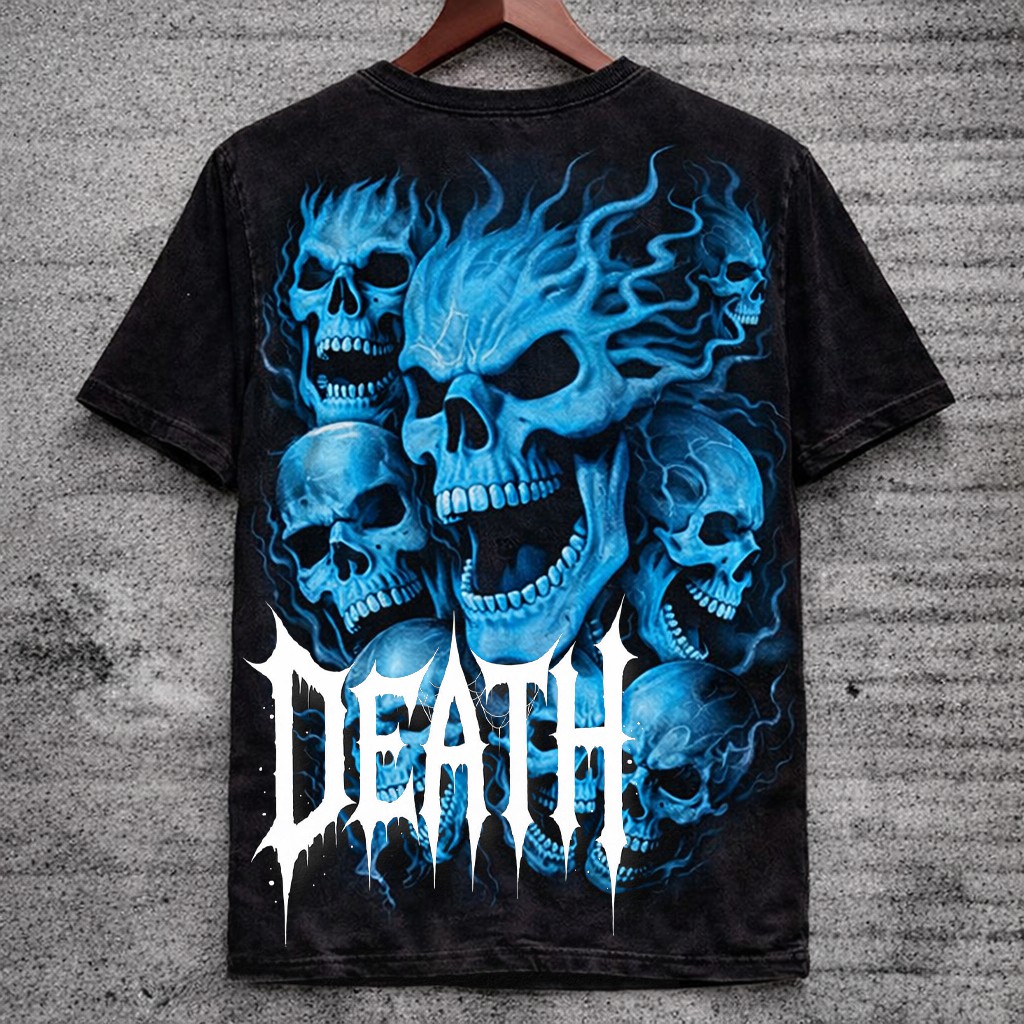 Blue Flaming Skull Graphic T-Shirt Black Distressed Grunge Rock Short Sleeve - Graphic Tees from NINEDGE