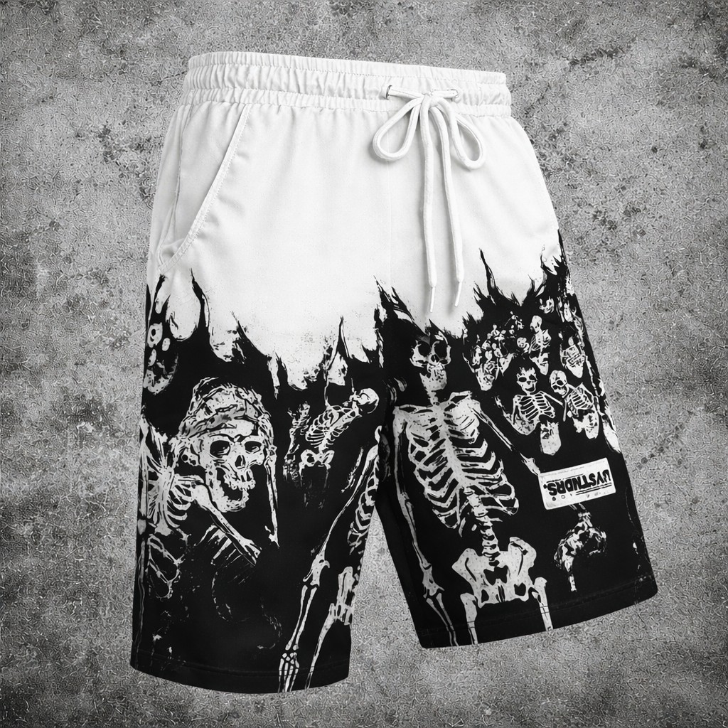 Skull Skeleton Graphic Print Shorts Black White Drawstring Waist Casual - Shorts from NINEDGE