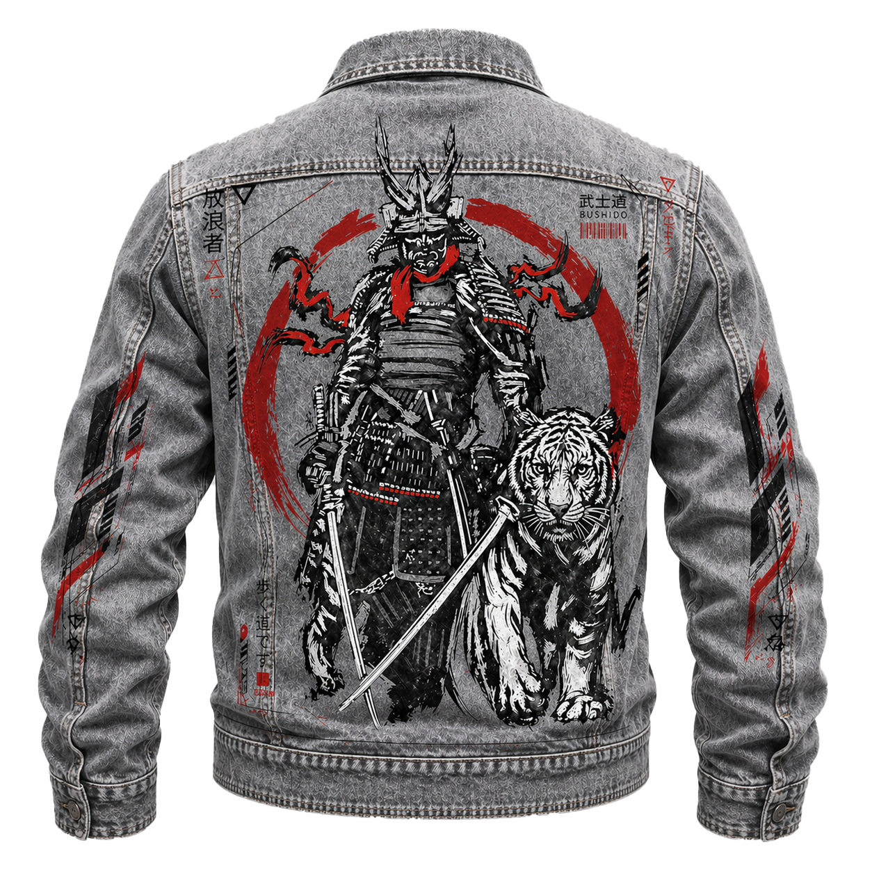 Graphic Denim Jacket Samurai Tiger Back Graphic Grey Wash Streetwear - Graphic Jackets from NINEDGE